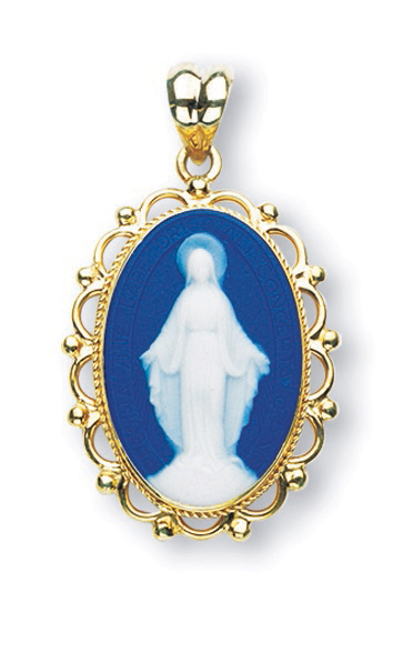 Dark Blue Gold Over Sterling Silver Cameo Miraculous Medal