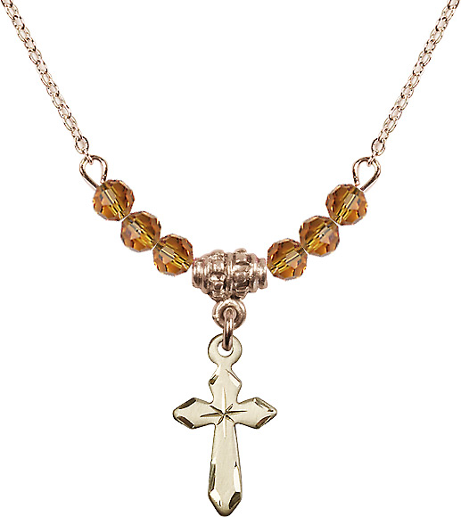 18-Inch Hamilton Gold Plated Necklace with 4mm Topaz Birthstone Beads and Gold Filled Saint Philip Neri Charm.