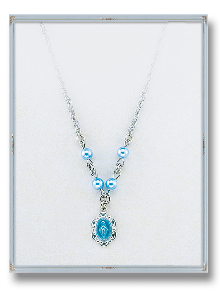 18-Inch Rhodium Plated Necklace with 4mm Zircon Birthstone Beads and Sterling Silver Saint Rene Goupil Charm. 