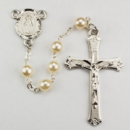 6MM Pearl Rosary With Rhodium
