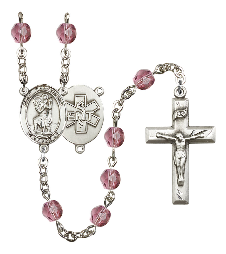 Saint Christopher and EMT Rosary with Amethyst Beads
