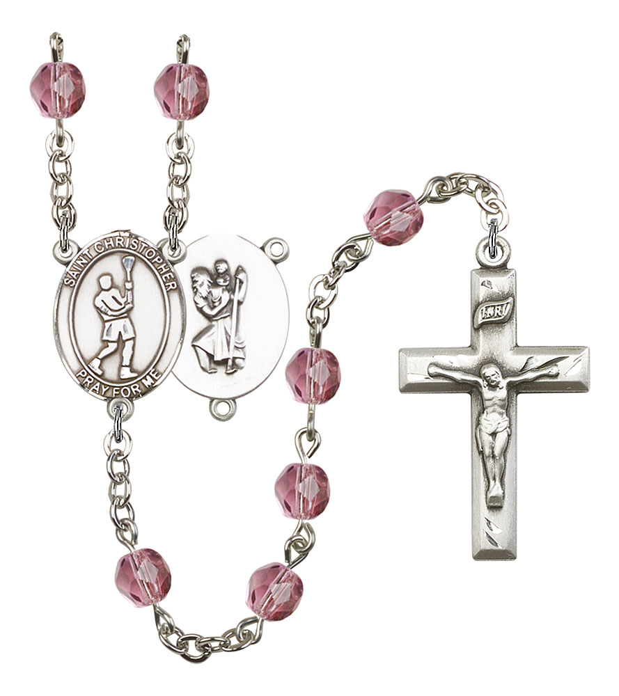 Saint Christopher and Lacrosse Rosary with Amethyst Beads
