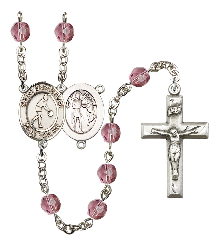 Saint Sebastian and Basketball Rosary with Amethyst Beads