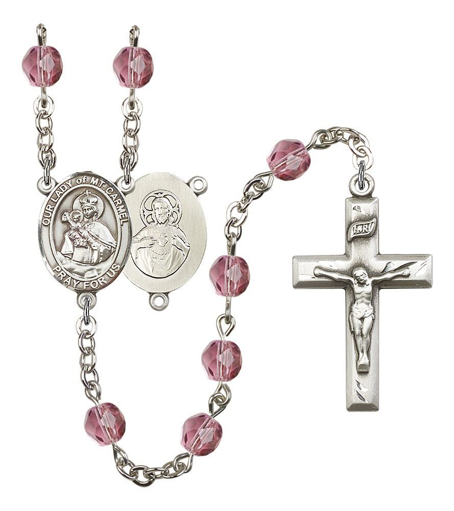 18-Inch Rhodium Plated Necklace with 4mm Amethyst Birthstone Beads and Sterling Silver Saint Juan Diego Charm.
