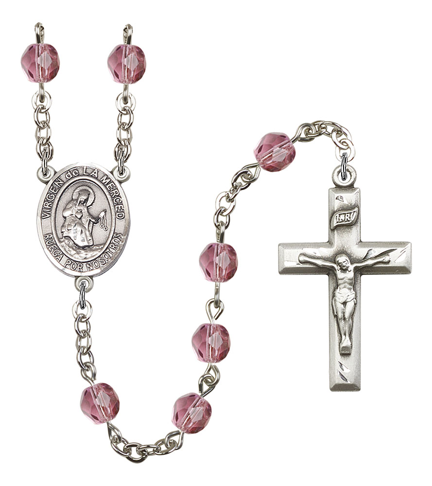 Virgen de la Merced Engravable Rosary with Amethyst Beads