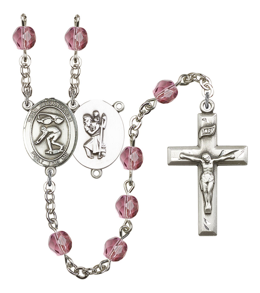 Saint Christopher and Swimming Rosary with Amethyst Beads