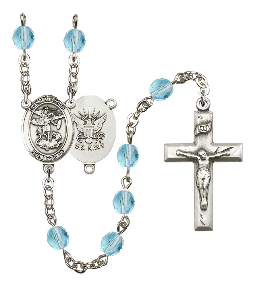 Saint Michael and Navy Rosary with Aqua Beads