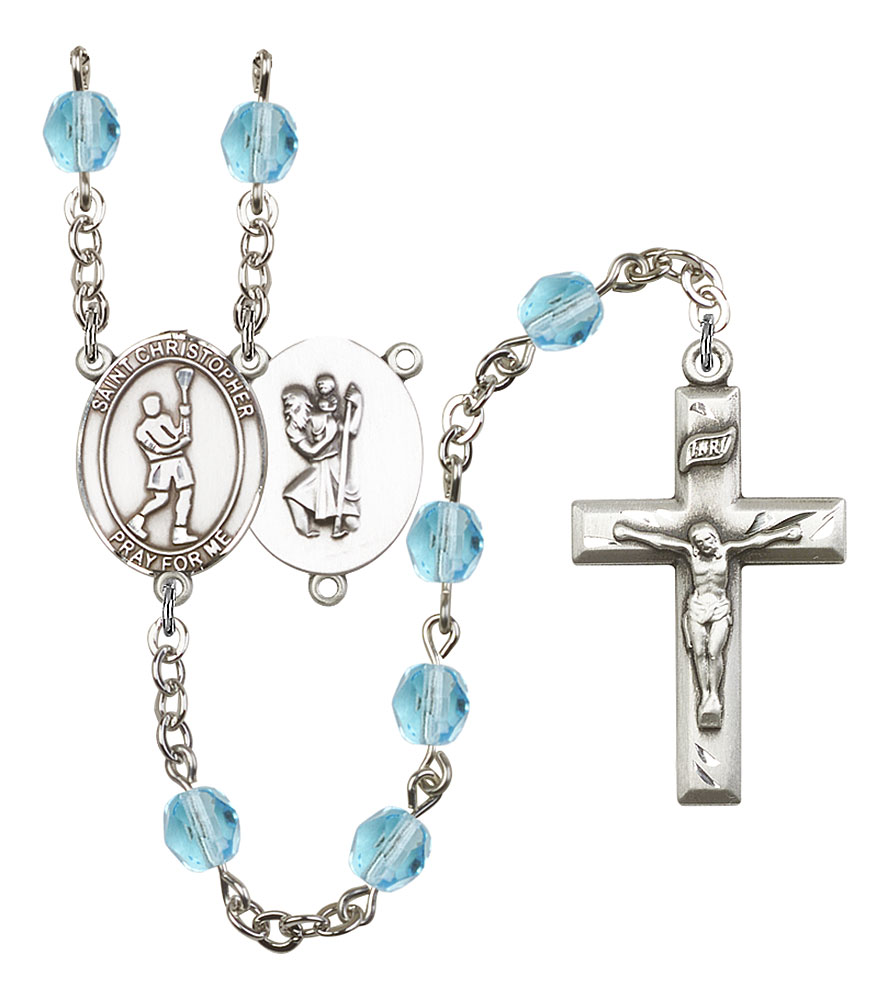 Saint Christopher and Lacrosse Rosary with Aqua Beads