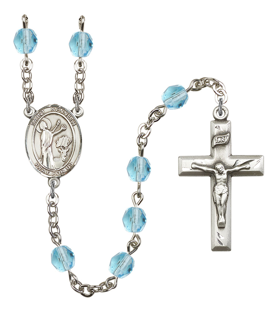 Saint Kenneth Engravable Rosary with Aqua Beads