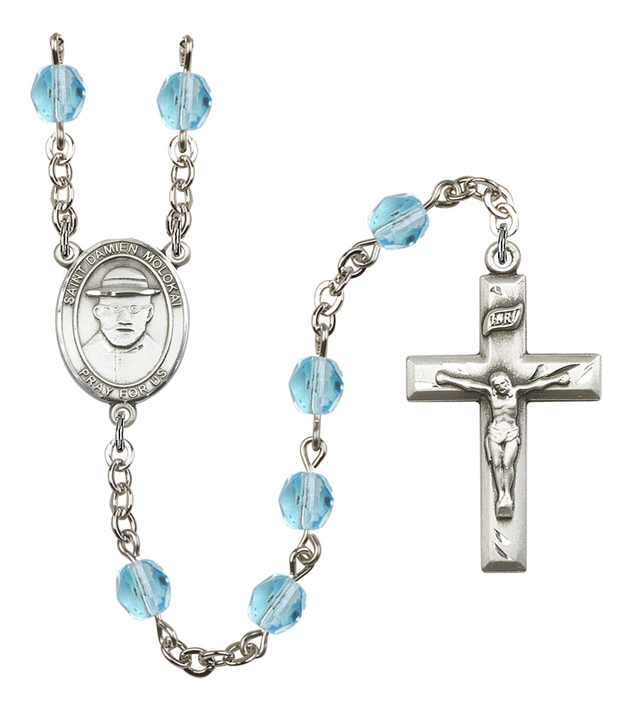 Saint Damien of Molokai Engravable Rosary with Aqua Beads