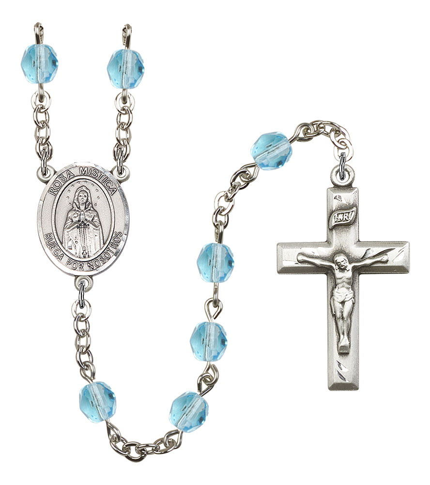 Our Lady Rosa Mystica Engravable Rosary with Aqua Beads