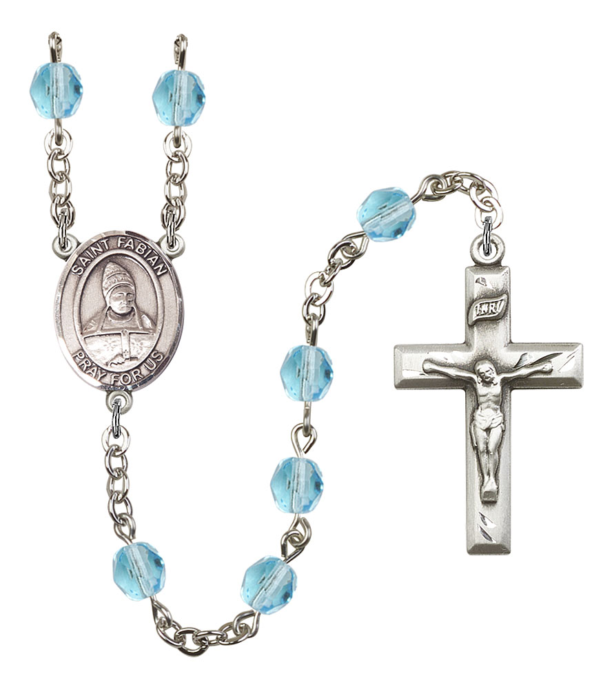 Saint Fabian Engravable Rosary with Aqua Beads