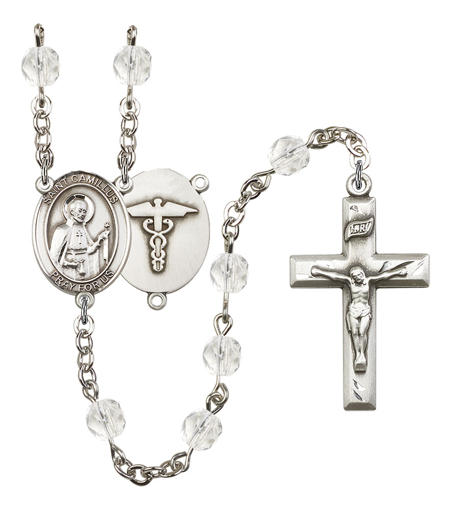 18-Inch Rhodium Plated Necklace with 6mm Emerald Birthstone Beads and Sterling Silver Saint Camillus of Lellis Nurse Charm.