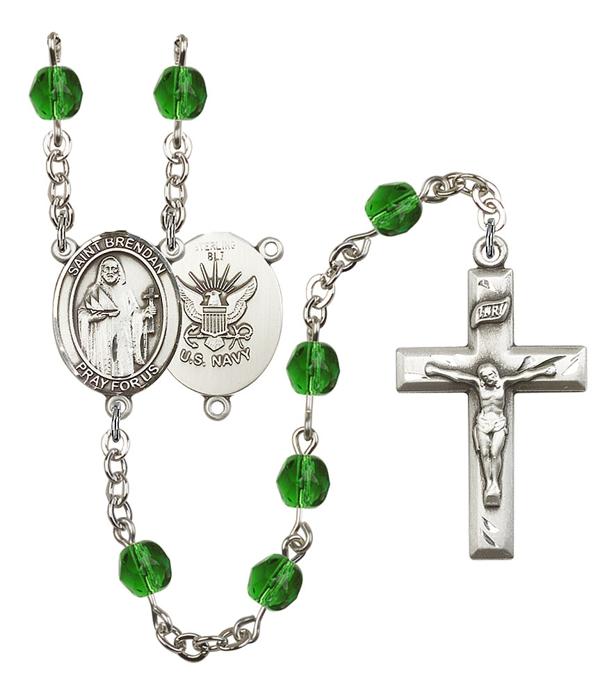 Saint Brendan The Navigator and Navy Rosary with Emerald Beads