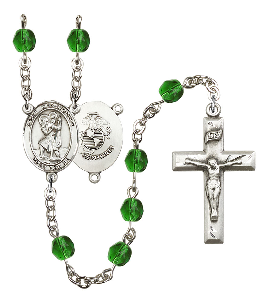 Saint Christopher and Marines Rosary with Emerald Beads