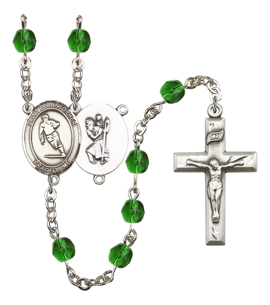 Saint Christopher and Rugby Rosary with Emerald Beads