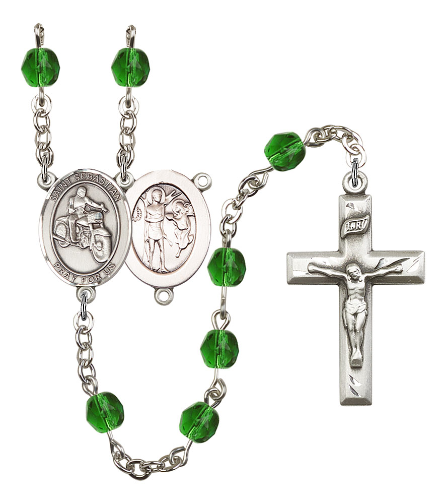 Saint Sebastian and Motorcycle Rosary with Emerald Beads