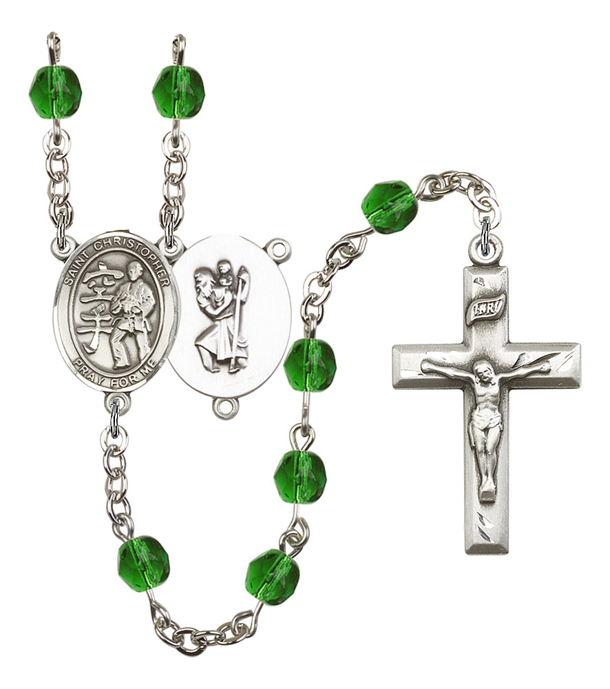 Saint Christopher and Karate Rosary with Emerald Beads