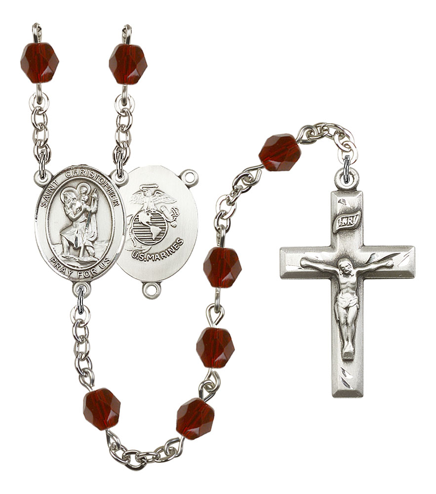 Saint Christopher and Marines Rosary with Garnet Beads