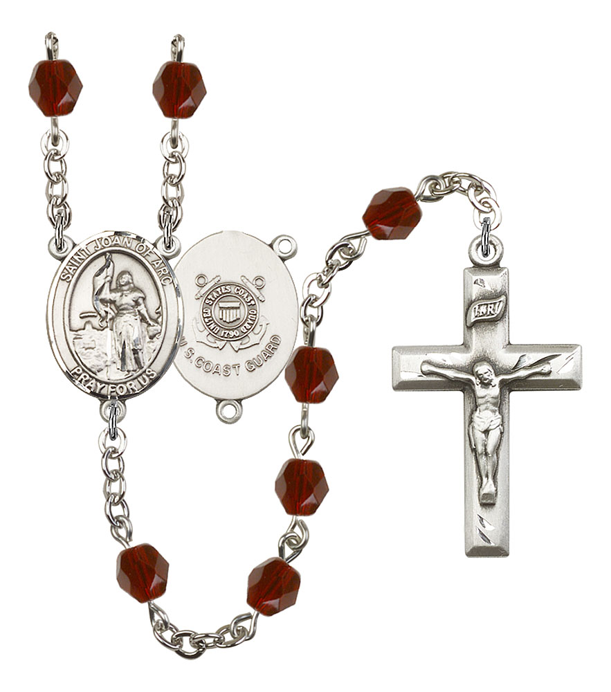 Saint Joan of Arc and Coast Guard Rosary with Garnet Beads