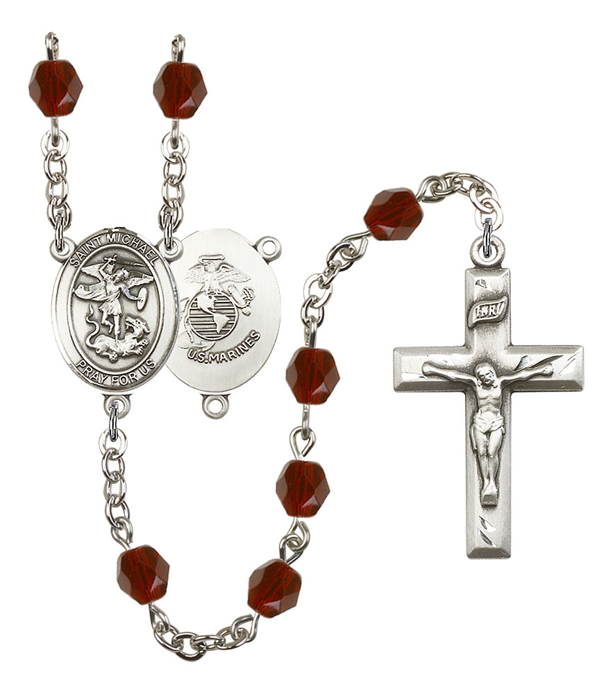 Saint Michael and Marines Rosary with Garnet Beads