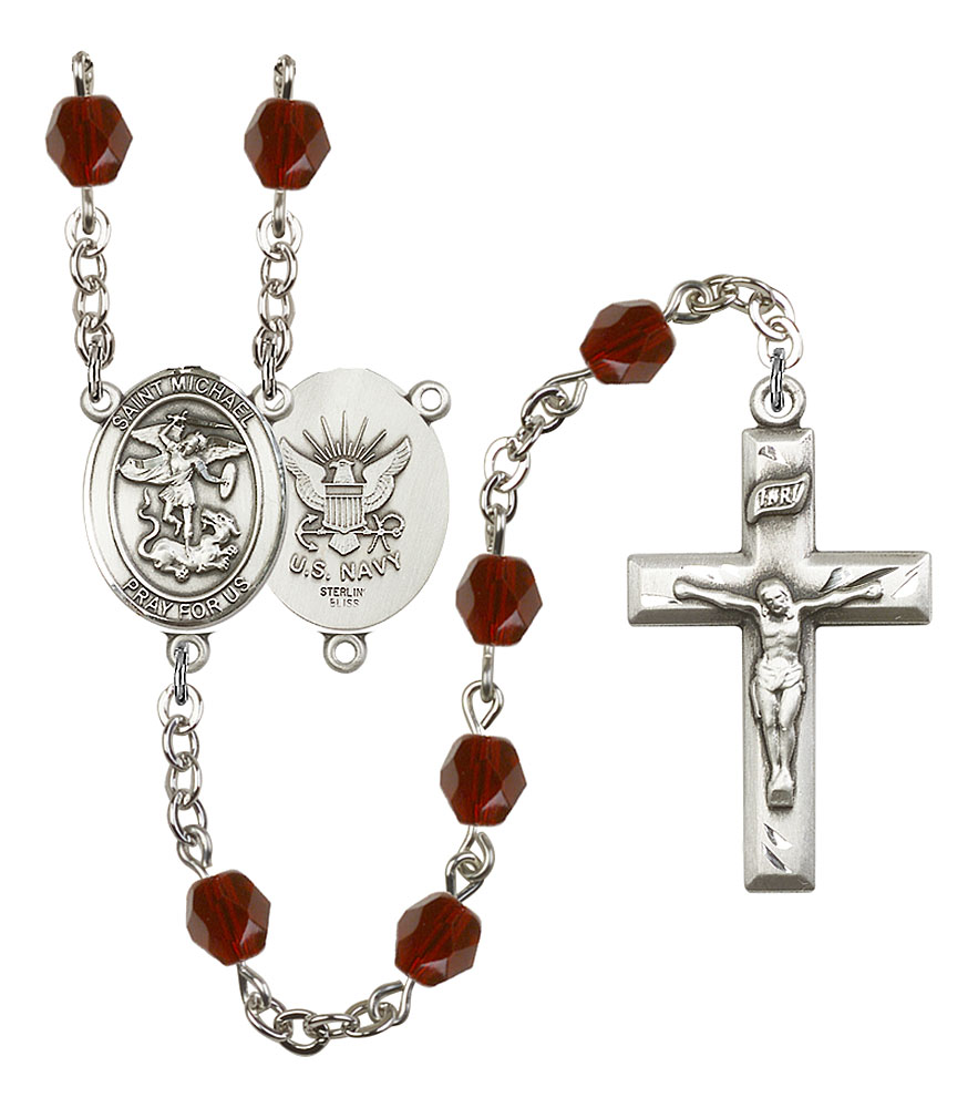 Saint Michael and Navy Rosary with Garnet Beads