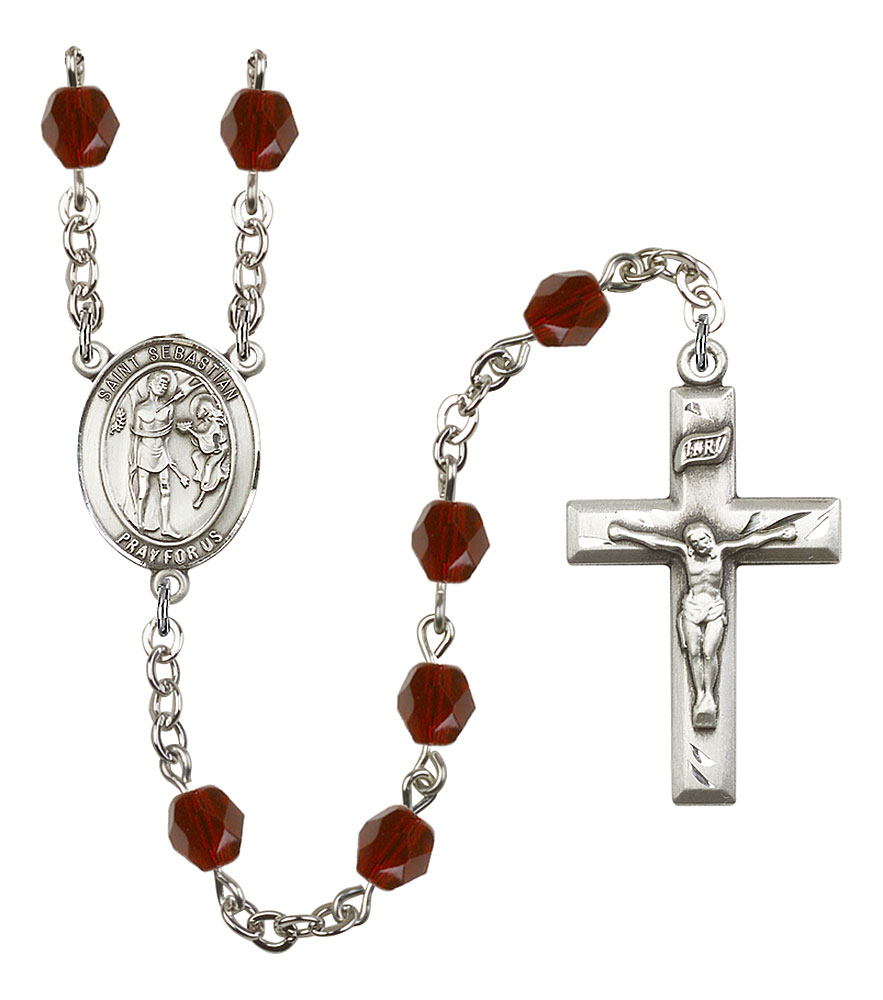 Saint Sebastian Engravable Rosary with Garnet Beads