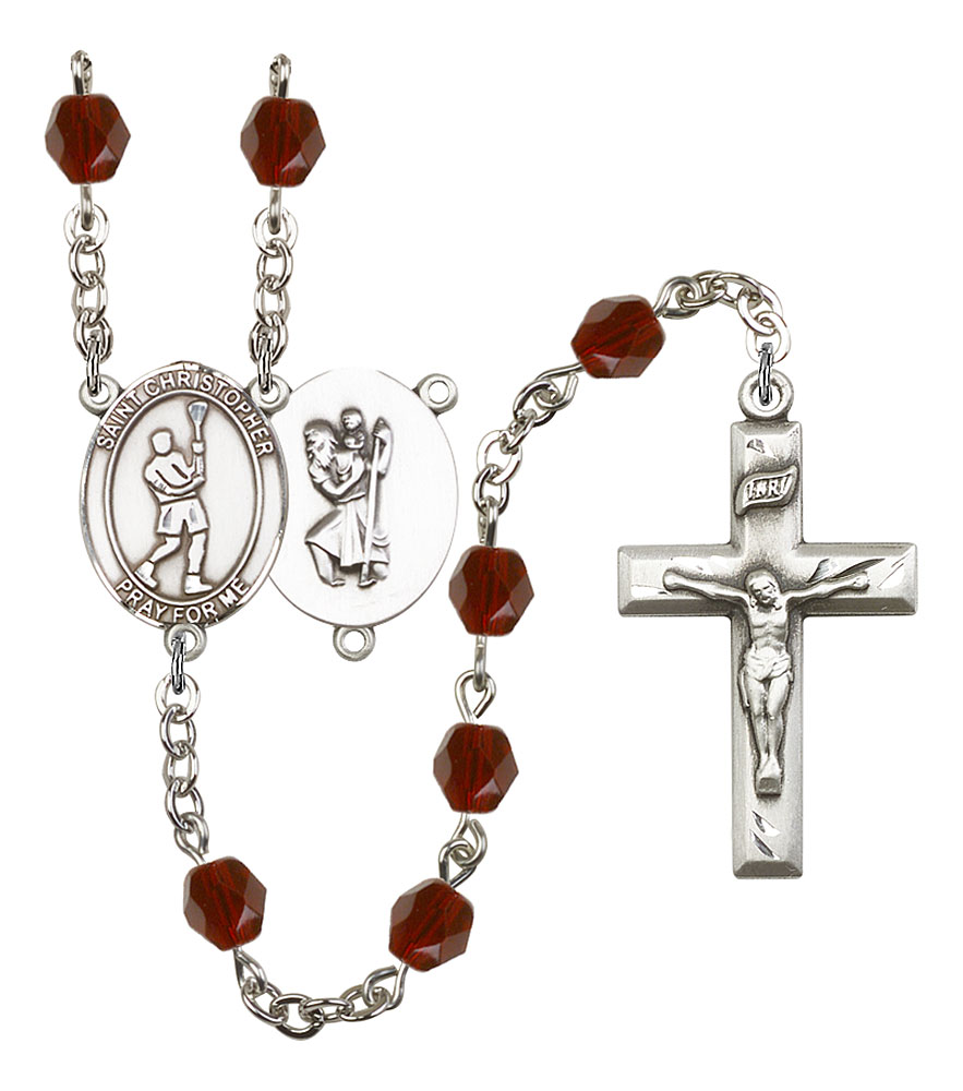 Saint Christopher and Lacrosse Rosary with Garnet Beads