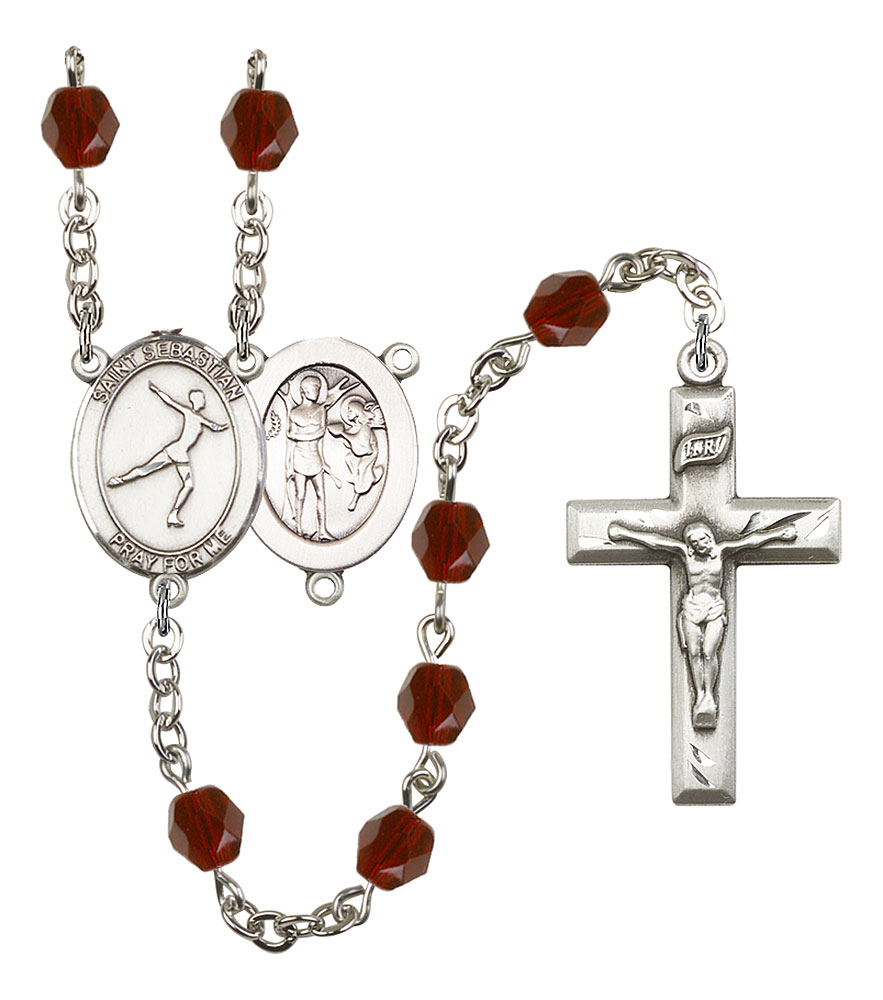 Saint Sebastian and Figure Skating Rosary with Garnet Beads
