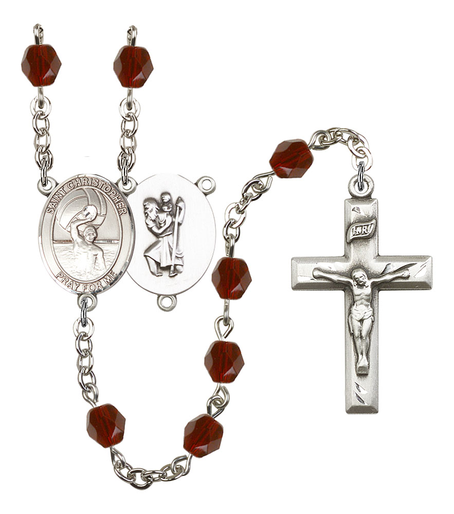 Saint Christopher and Water Polo-Men Rosary with Garnet Beads