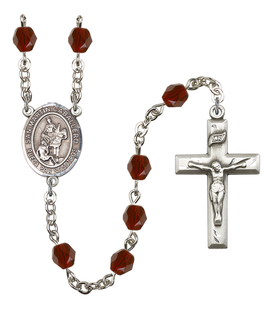 San Martin Caballero Engravable Rosary with Garnet Beads