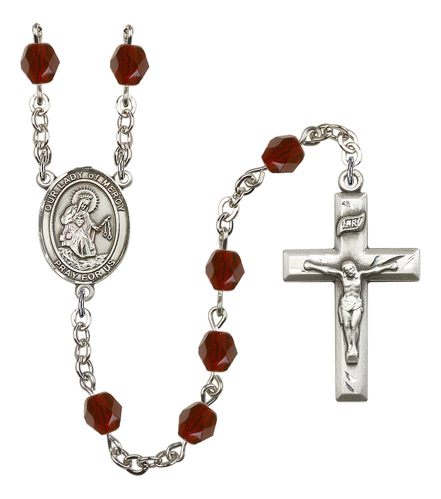 Our Lady of Mercy Engravable Rosary with Garnet Beads
