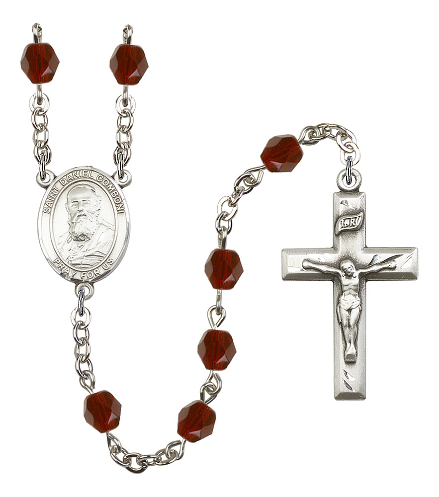 Saint Daniel Comboni Engravable Rosary with Garnet Beads