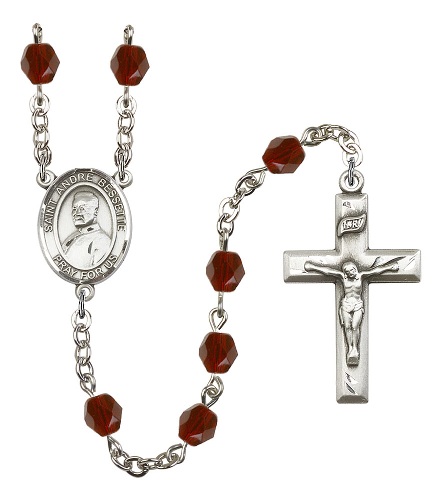 Saint Andre Bessette Engravable Rosary with Garnet Beads