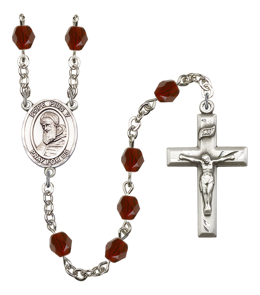 Saint Pius X Engravable Rosary with Garnet Beads