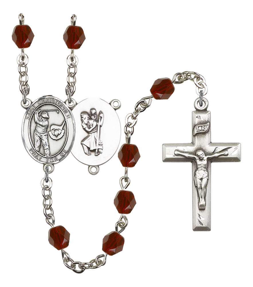 Saint Christopher and Golf Rosary with Garnet Beads