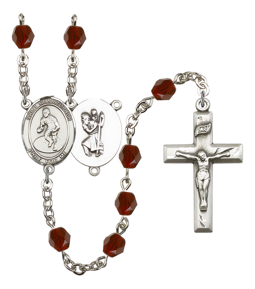 Saint Christopher and Wrestling Rosary with Garnet Beads