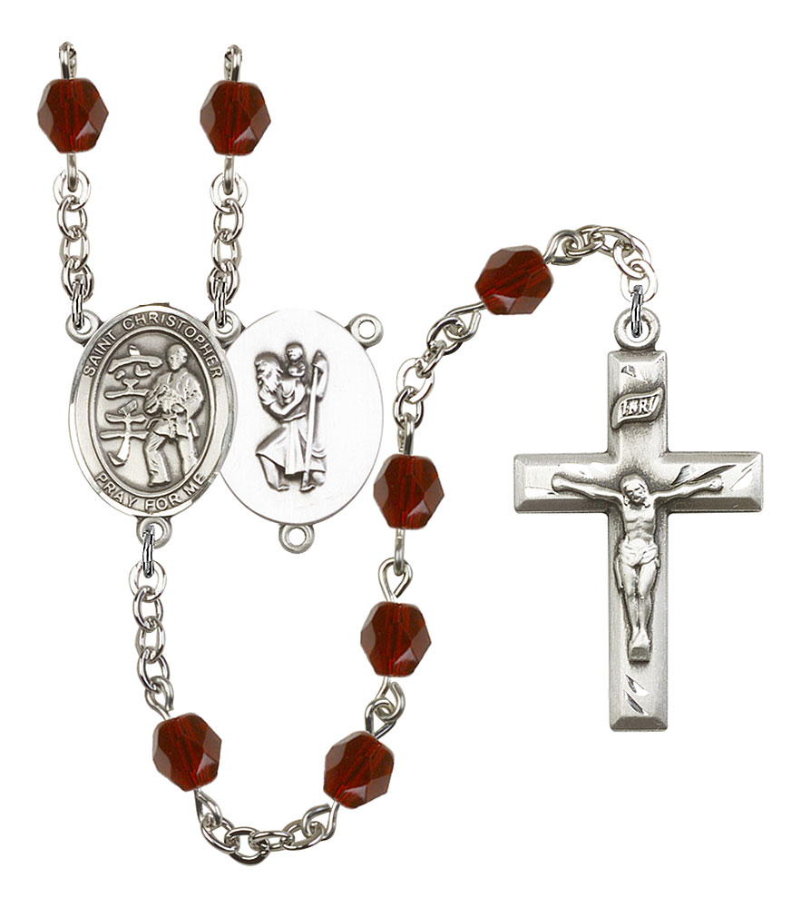 Saint Christopher and Karate Rosary with Garnet Beads
