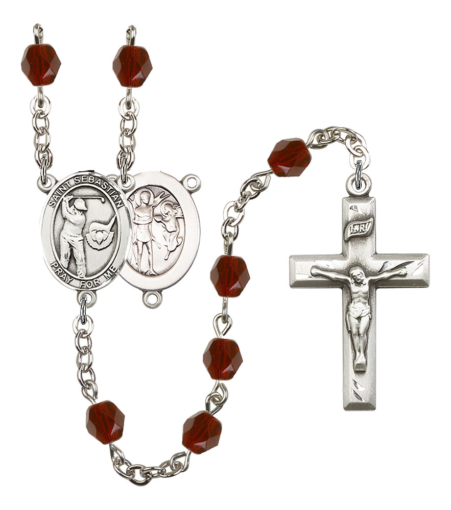 Saint Sebastian and Golf Rosary with Garnet Beads