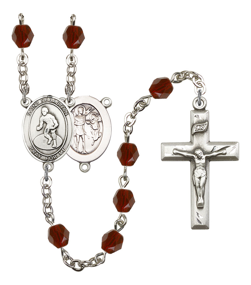 Saint Sebastian and Wrestling Rosary with Garnet Beads