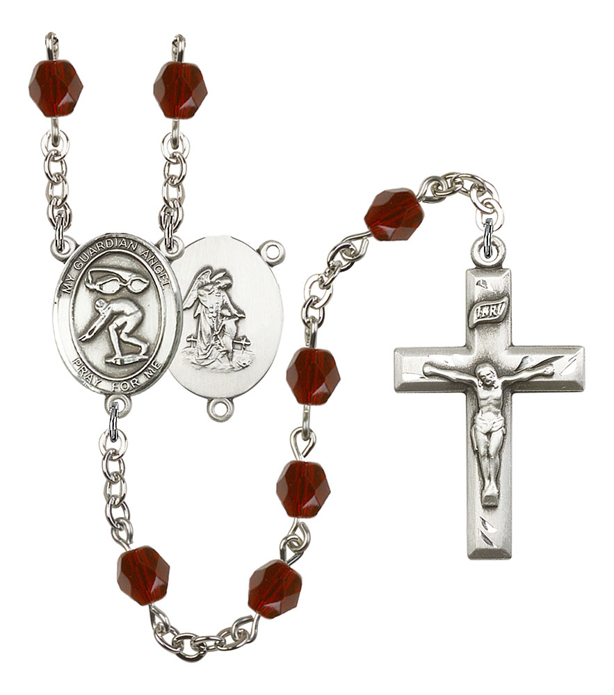 Guardian Angel and Swimming Rosary with Garnet Beads