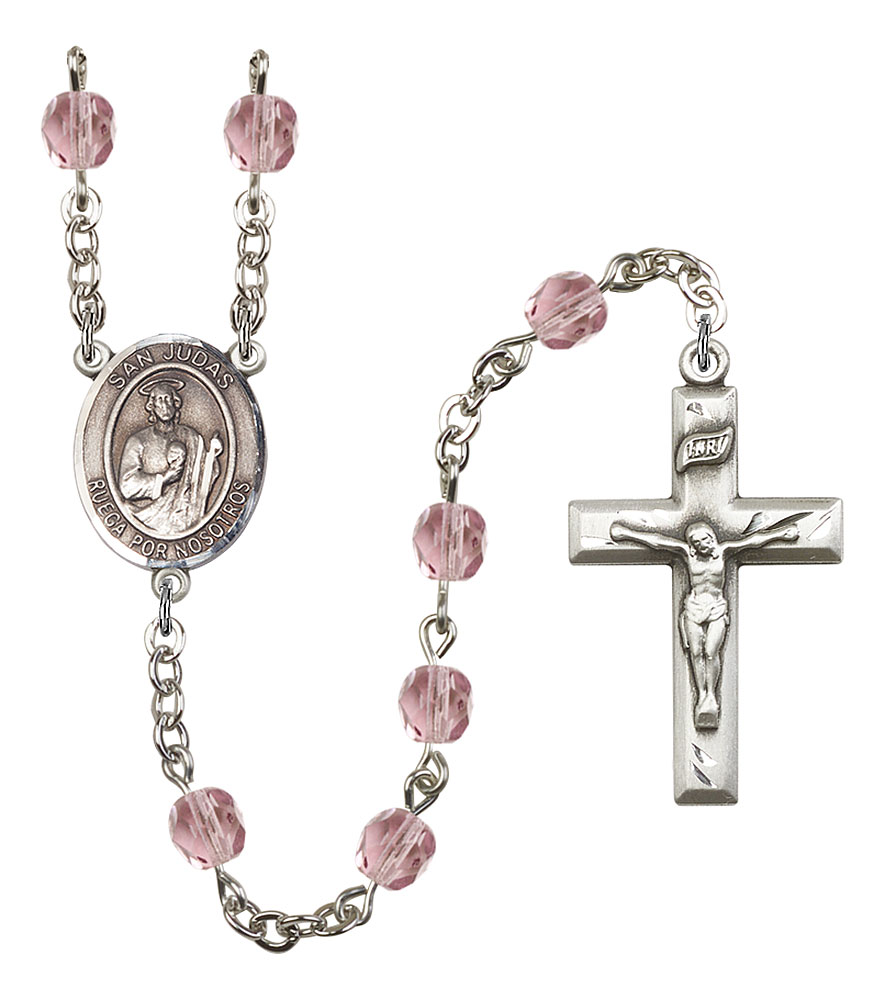 San Judas Engravable Rosary with Light Amethyst Beads