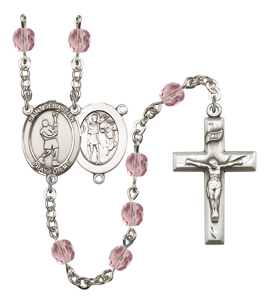 Saint Sebastian and Lacrosse Rosary with Light Amethyst Beads