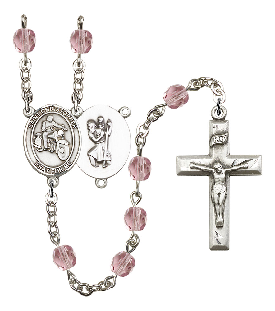 Saint Christopher and Motorcycle Rosary with Light Amethyst Beads