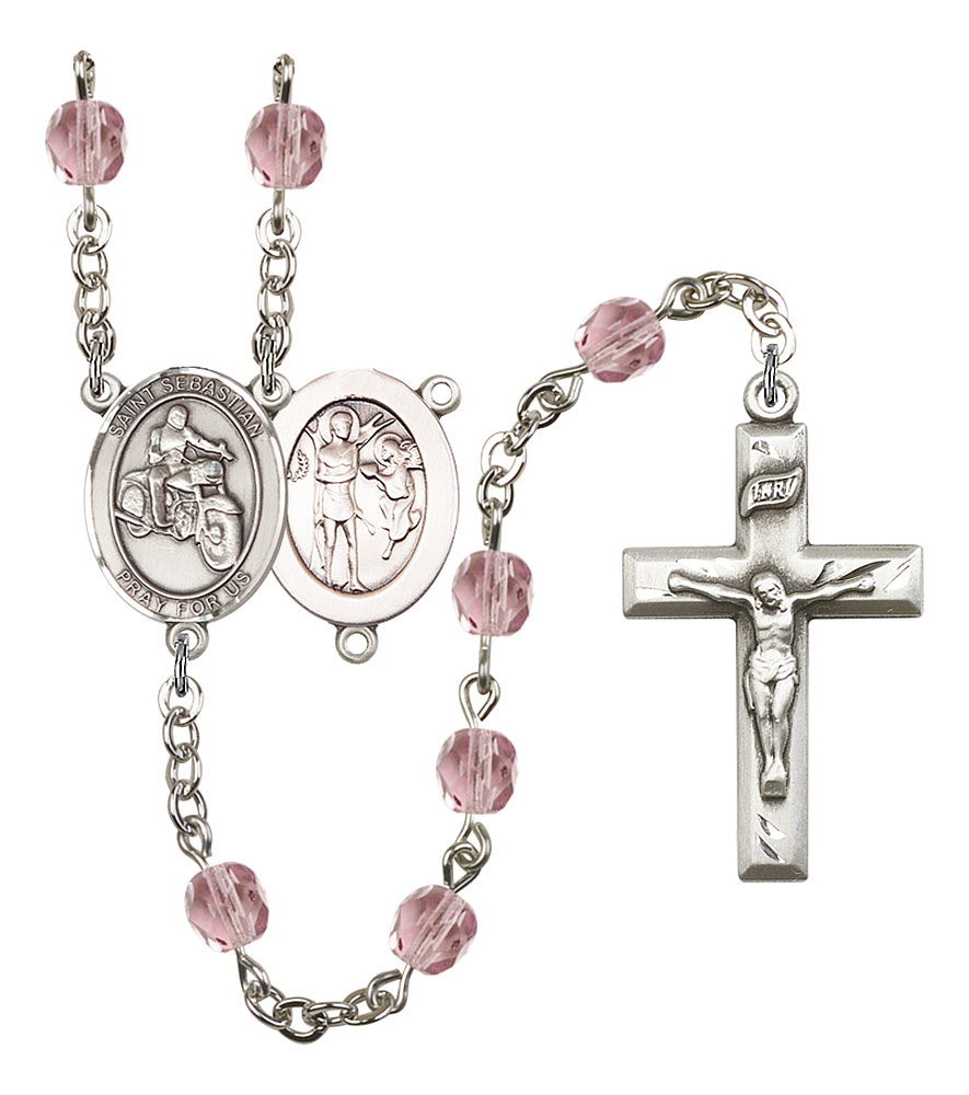 Saint Sebastian and Motorcycle Rosary with Light Amethyst Beads