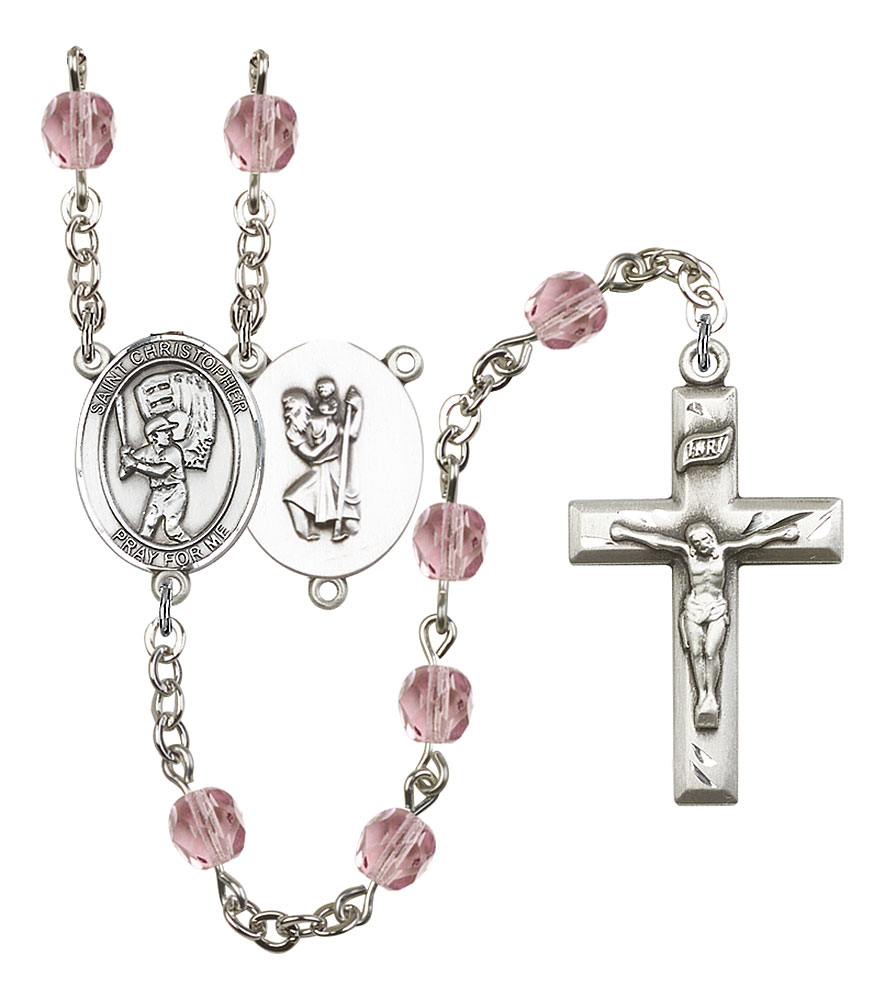 Saint Christopher and Baseball Rosary with Light Amethyst Beads