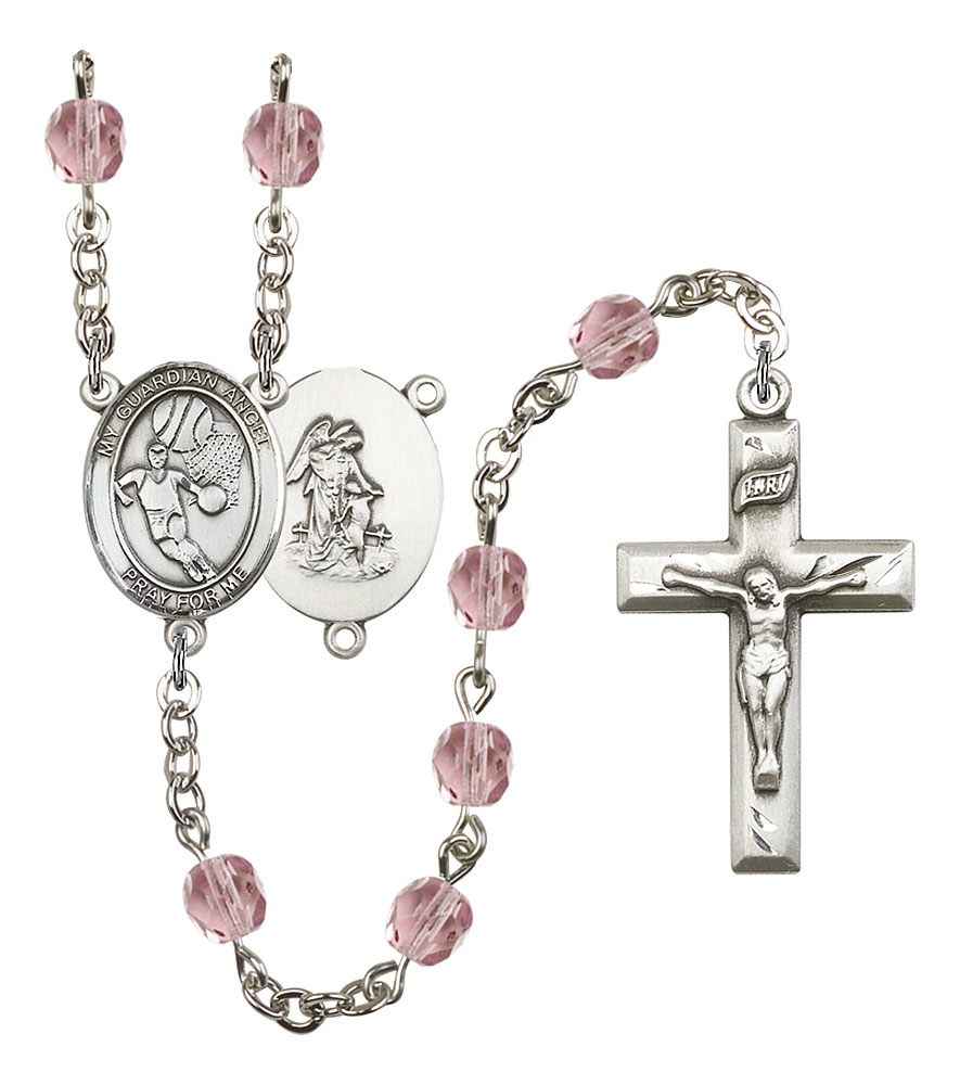 Guardian Angel and Basketball Rosary with Light Amethyst Beads