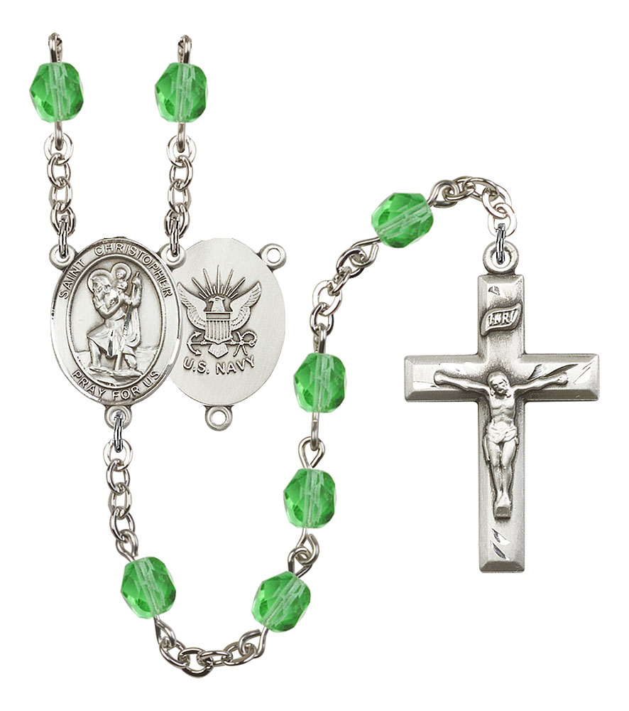 Saint Christopher and Navy Rosary with Peridot Beads