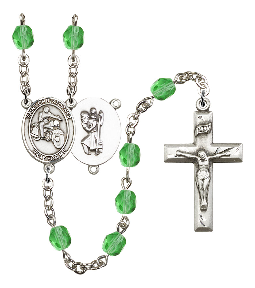 Saint Christopher and Motorcycle Rosary with Peridot Beads