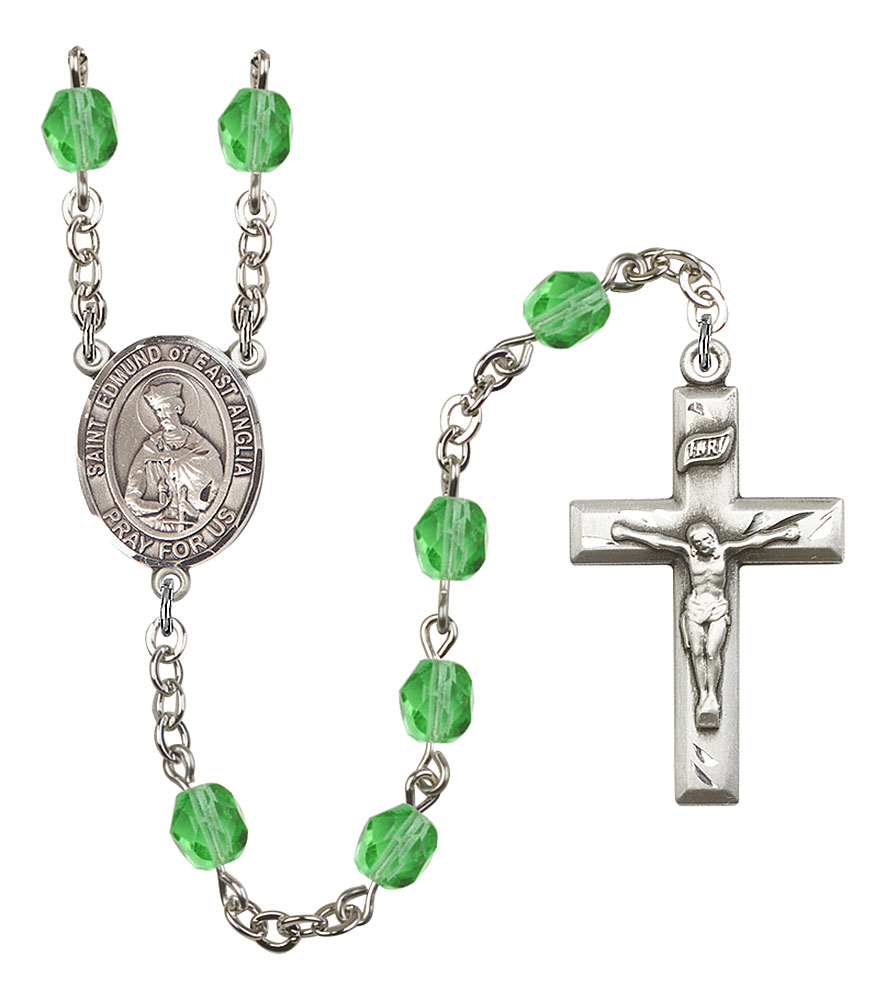 The charm features a St Peter Canisius medal. Silver Plate Rosary Bracelet features 6mm Aqua Fire Polished beads The Crucifix measures 5/8 x 1/4